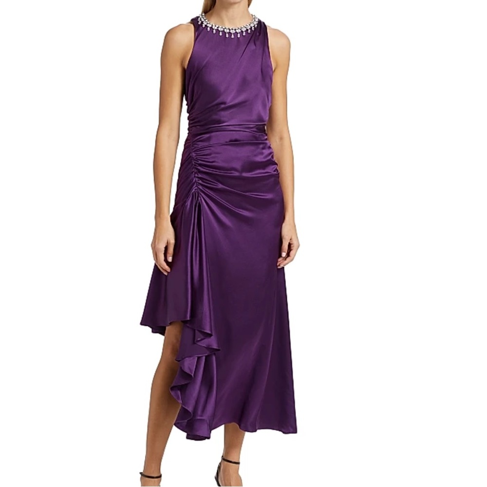 Cinq A Sept Georgie Silk Midi Dress Size 4 Wedding Guest Neckline In Elderberry